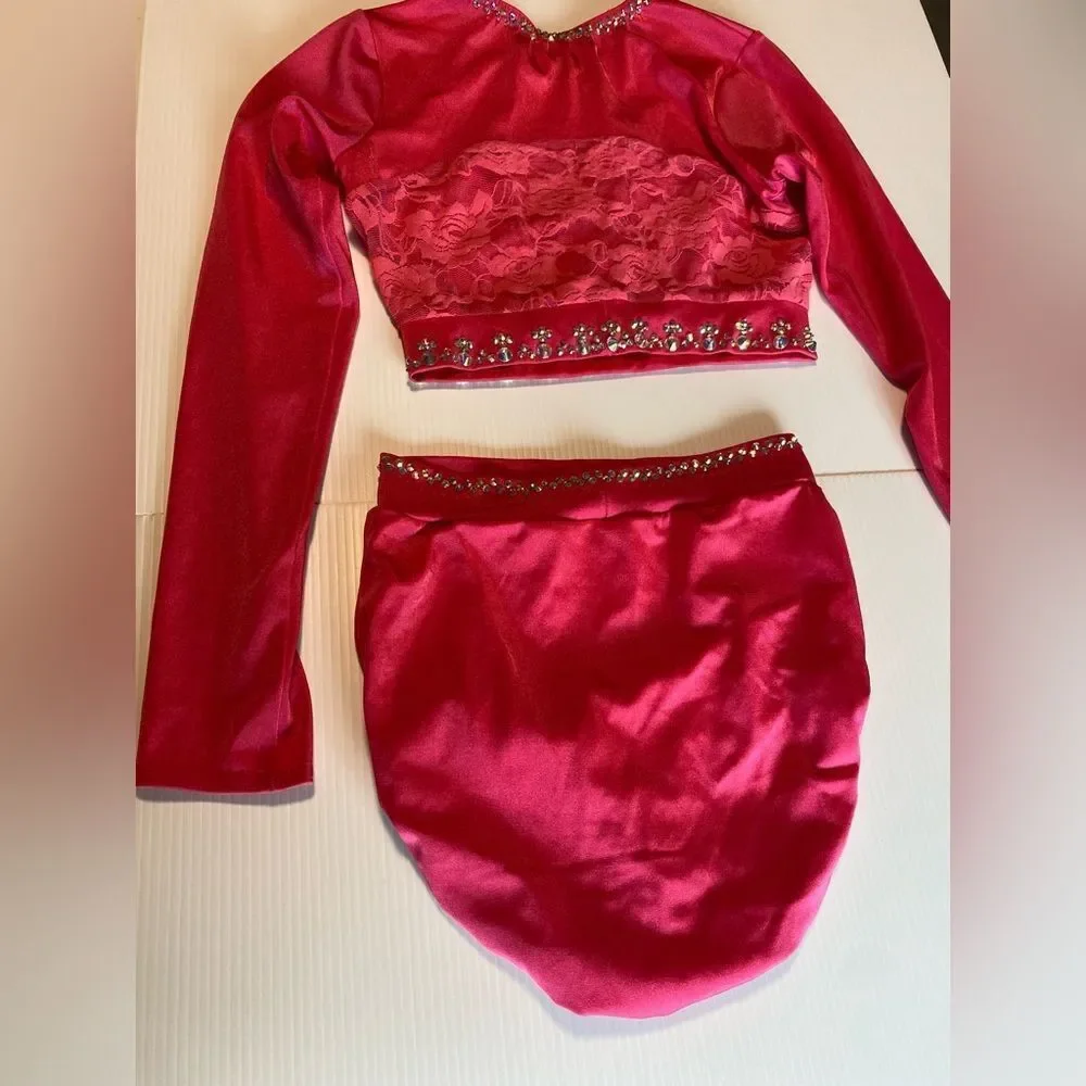 Kelle solo dance custom costume 2 piece hot pink rhinestoned crop top Teen